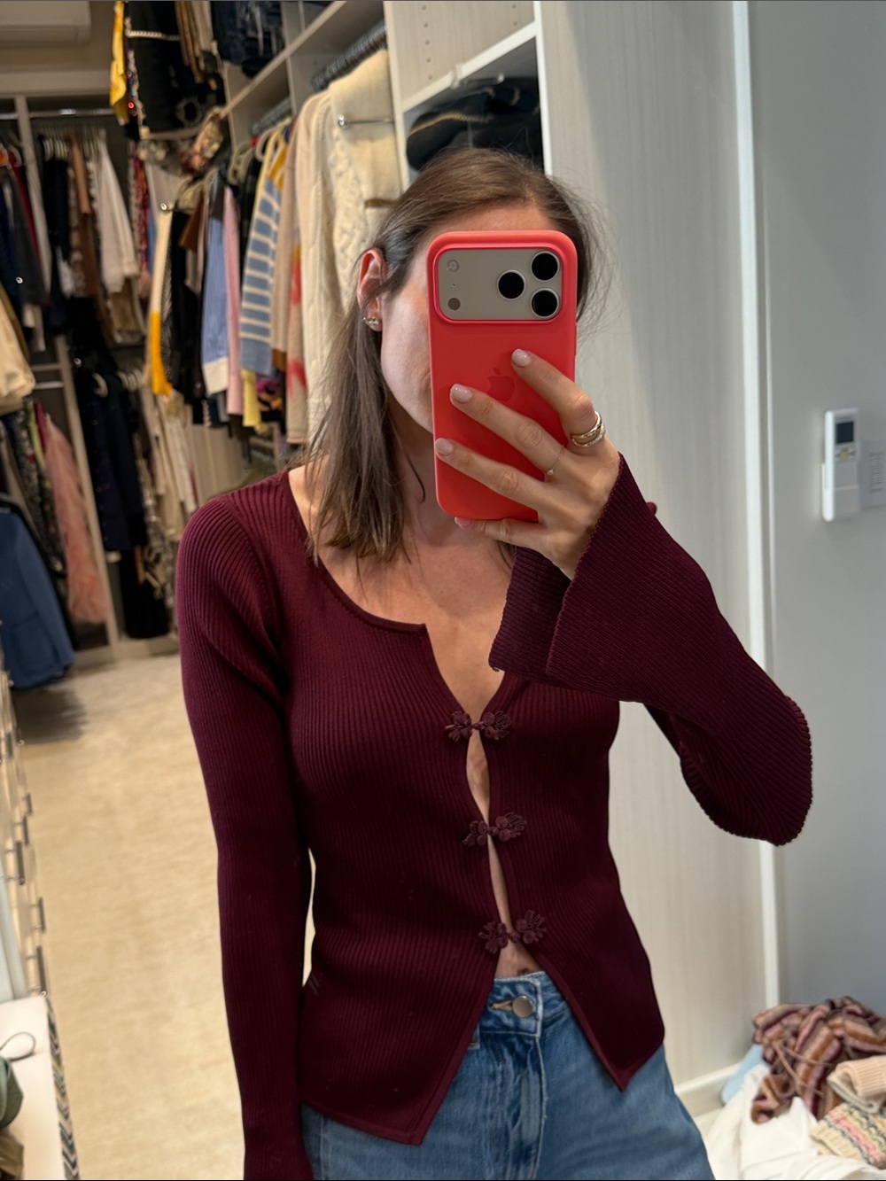 Womens Burgundy Ribbed Knit Button-Front Top
